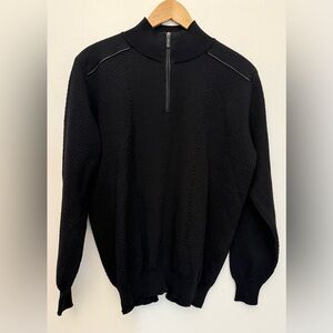 Ferrante 1/4 Zip Pullover‎ Black Sweater Merino Wool LeatherTrim Sz 52/ US L